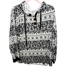 Honeyme Curvy Soft Geometric and Animal Print Sweater with Cork Buttons Hoodie